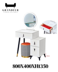 White dressing table and stool with open-drawer inset and dimension labels