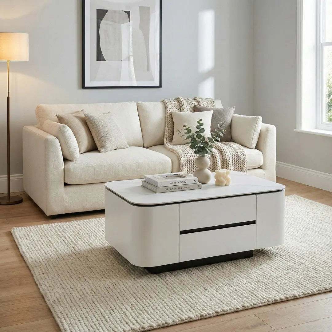 Monarc Matte Stone Top Coffee Table - Modern Luxury Center Table with 2 Storage Drawers | Rounded Safety Corner Grandeur Furnishings
