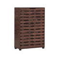 Tall dark wood-look shoe cabinet with horizontal slats