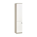 Narrow white cabinet with upper and lower doors, angled view