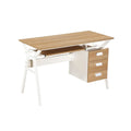 Wood-look desk with keyboard tray and right drawers, angled view