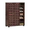 Tall dark wood-look shoe cabinet with slatted door and open shelves