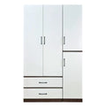 White wardrobe with tall doors, side cupboards and two lower drawers