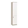 Narrow white cabinet with upper and lower doors, front view