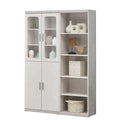 Grey book cabinet with left glazed cupboard and right open shelves