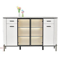 Wide white side cabinet with black-framed centre display and side cupboards