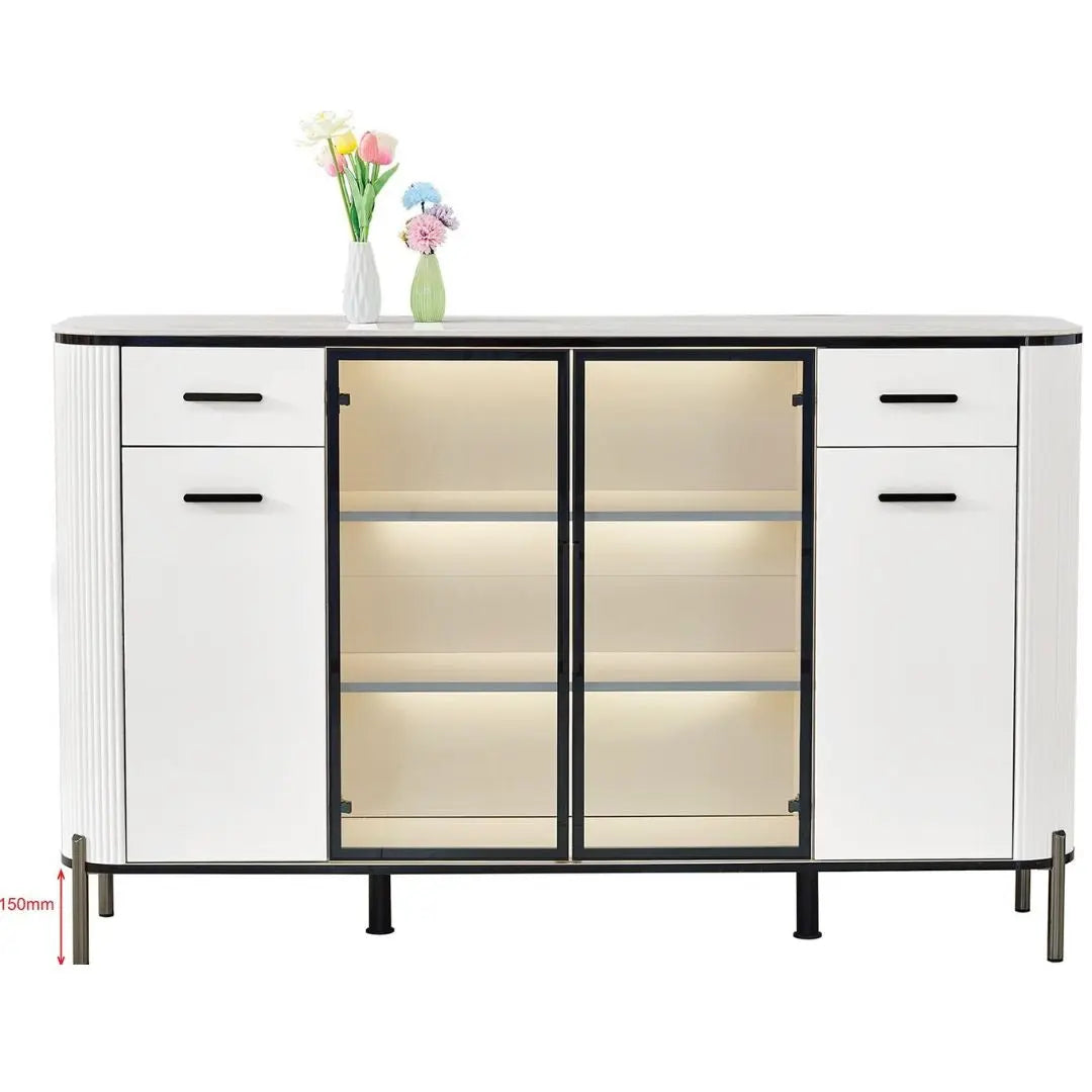 Glass Display Side Cabinet with LED Lights & Sintered Stone Top Storage Solution Grandeur Furnishings