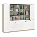 Wide white cabinet with glazed upper doors and solid lower doors