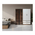 White wardrobe with brown glass-door section and lower drawers