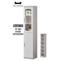 Narrow grey book cabinet with glass upper door and interior inset
