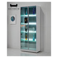 Teal-framed glass display cabinet with illuminated shelves