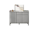 Narrow grey shoe cabinet with fluted side doors and central drawers