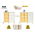 Narrow gold-coloured display side cabinets with white drawers and dimensions