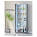 Dark-framed illuminated glass display cabinet with mirrored back