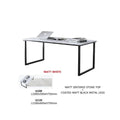 White stone-top writing table with black rectangular legs and size information