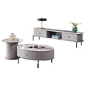 Grey TV console with oval coffee table and round side table