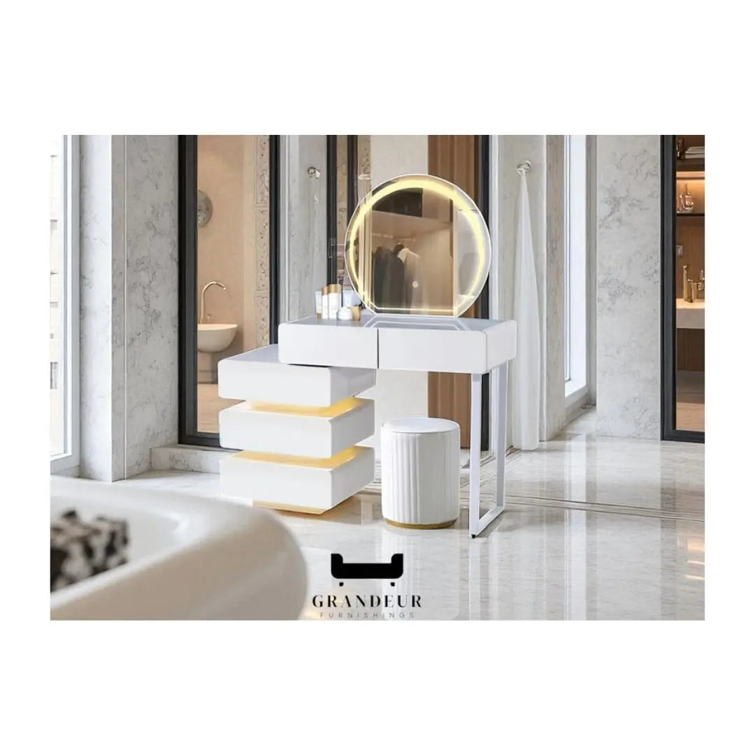 Sleek Modern Vanity Desk with LED Lights Dressing Table Set Grandeur Furnishings