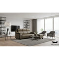 Brown sofa and ottoman in a bright living room