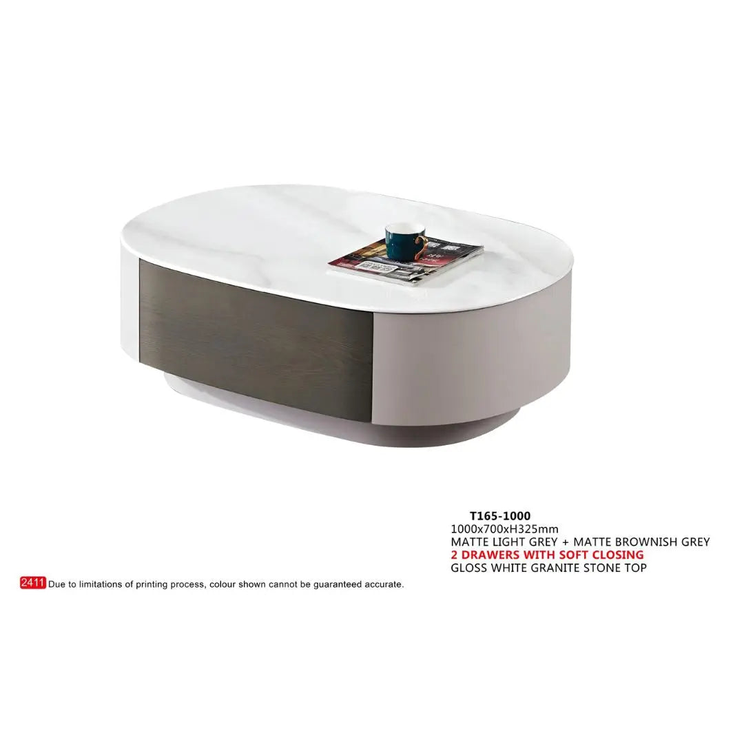 Gloss White Granite Stone Coffee Table with 2 Soft-Closing Drawers Grandeur Furnishings