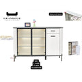Black-framed glass-door side cabinet with white right cupboard