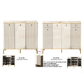 Wide white fluted shoe cabinets with interior and size information