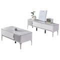Pale TV console and rectangular coffee table, angled view