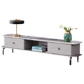 Grey TV console with open shelf and slim metal legs