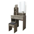 Grey dressing table with rectangular mirror, shelves and square stool