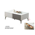 Two-tone grey coffee table with drawer inset and dimensions