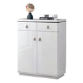 Narrow glossy white shoe cabinet with upper drawers
