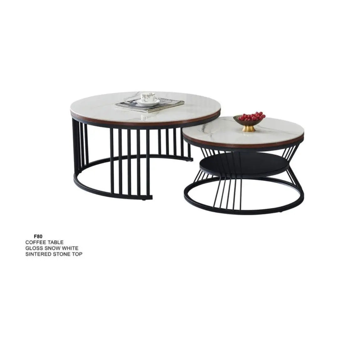 Nested Round Coffee Table with Sintered Stone Top and Black Metal Base Grandeur Furnishings