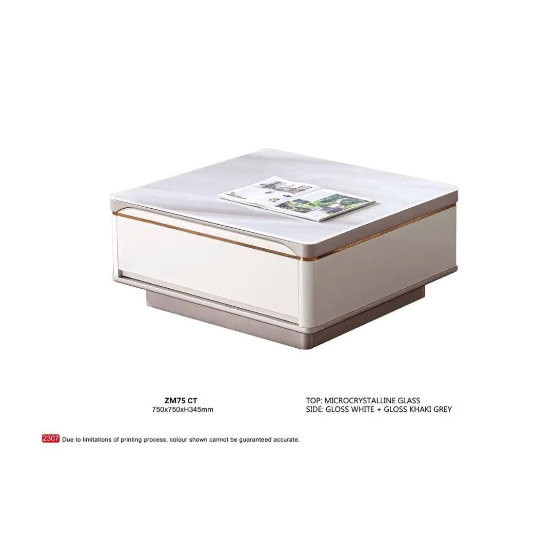 Elegant Microcrystalline Glass Coffee Table with Glossy White & Khaki Grey Finish Grandeur Furnishings