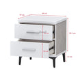 White and grey bedside table with drawers open and dimensions