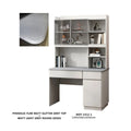 Light grey desk with right drawer pedestal, upper glass cupboards, open shelves and tabletop inset