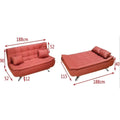 Red tufted sofa bed with flat bed view and dimensions