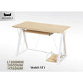 Wood-look desk with white angled legs and lower computer shelf