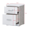 Tall white and grey bedside table with drawers open and dimensions