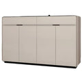 Wide beige shoe cabinet with dark base and upper drawers
