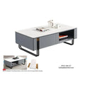 Grey coffee table with open shelf, detail insets and dimensions