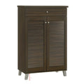 Narrow dark wood-look louvred shoe cabinet with top drawer