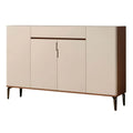Wide beige shoe cabinet with brown sides and tapered legs