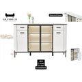 Wide black-framed glass-door side cabinet with white side cupboards