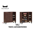 Dark wood-look shoe cabinet with slatted doors and open side shelves