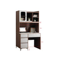 Brown desk with upper shelving, left drawer unit and dimensions