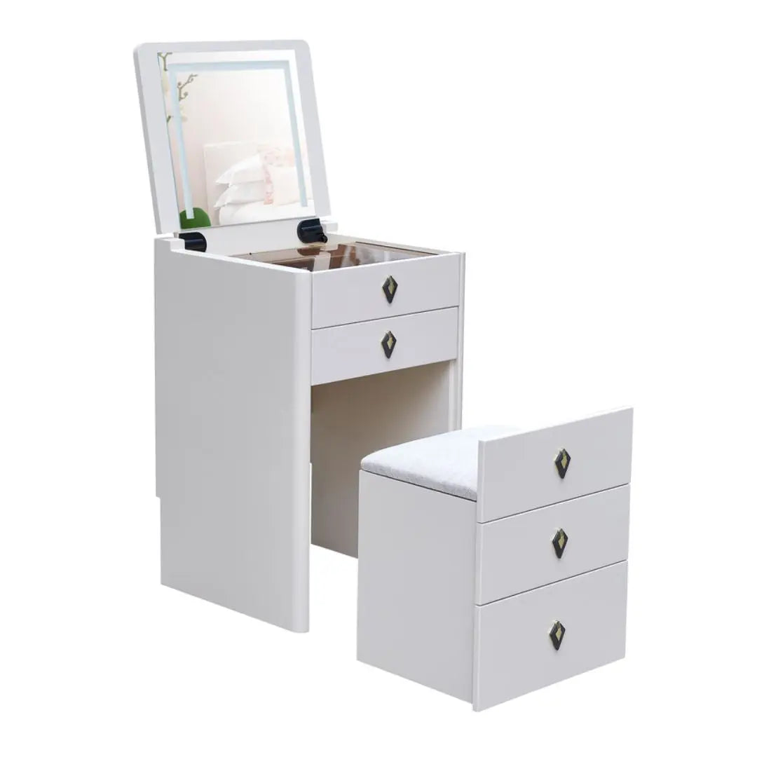 Space Saving Dressing Table Set with Soft-Close Mirror Top & Storage Stool Grandeur Furnishings