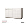 Extra-wide gloss white shoe cabinet with size information