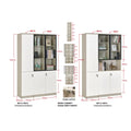 Wide white and grey book cabinet options with interior and dimensions