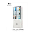 White cabinet with black-framed display section and dimensions