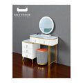 Grey and white dressing table with round mirror and left drawer unit