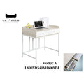 Compact white writing desk with top detail and dimensions